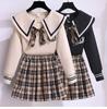 Winterkleidung für Teenager-Mädchen, Matrosenkragen, Strickpullover und karierte Faltenröcke, Set für Kinder, Ober- und Unterteil, 2-teiliges Outfit