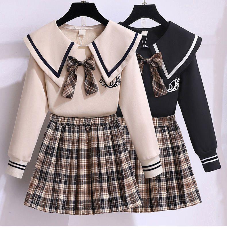 Zimní oblečení pro dospívající dívky Námořnický límec Pletený svetr a kostkované plisé Souprava sukní Dětský horní a spodní díl 2 kusy oblečení