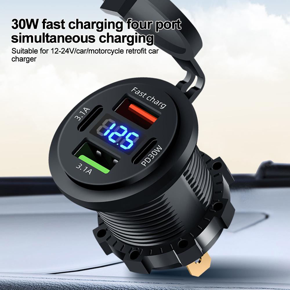 83W Zásuvka nabíječky do auta PD 30W Rychlé nabíjení Dvojitý USB+Type C Výstup Telefonní napájecí adaptér s voltmetrem pro motocykl, nákladní automobil, loď