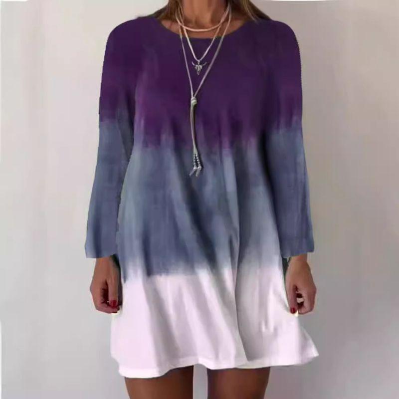 

and America Cross Border Export Fall and Winter Trendy Women s Plus Size Loose Long Sleeves Dress Gradient Color Crew Neck Casual Skirt Chubby Girl Purple 2XL (Bust size 112)