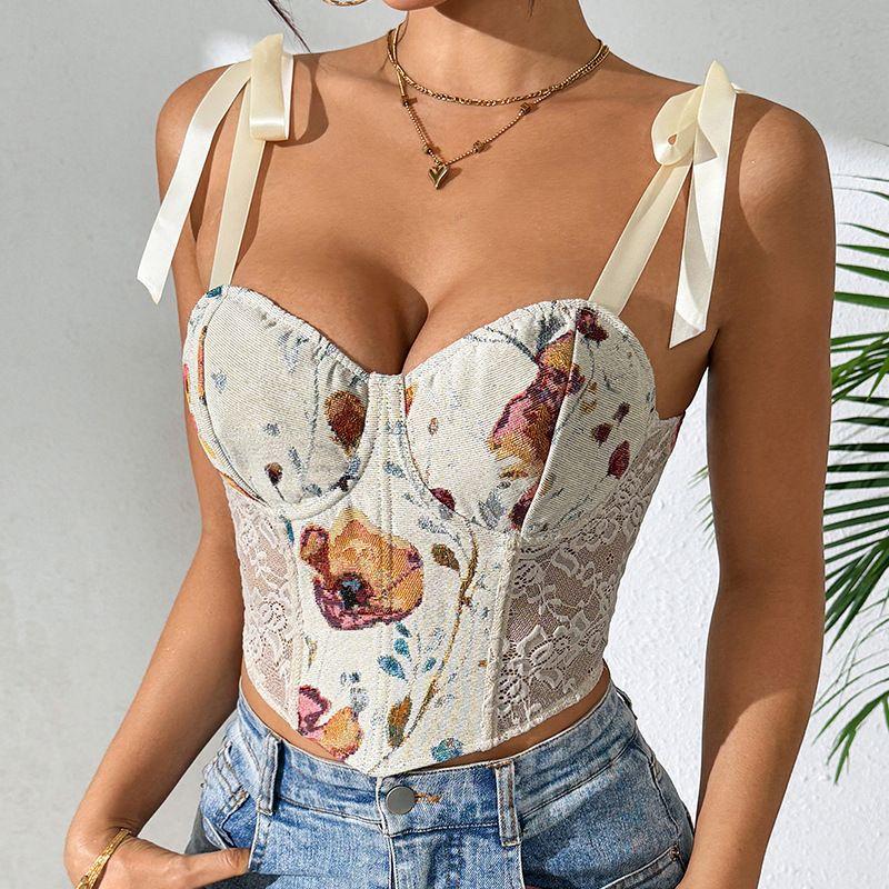 Sense Fishbone Corset Cross-Border European, American and French Style Floral Vintage New Arrival Print Contrast Color Slim-Fit Lace Up Camisole