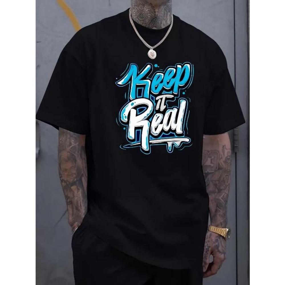

European Sizes Men s Oversized Streetwear T-Shirt - Black & Turquoise Keep It Real Slogan Print, Loose Fit Crew Neck Short Sleeve Shirt S чёрный