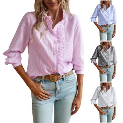 Camisa de manga larga con volantes, rayas y botones monocromáticos con cuello redondo para mujer