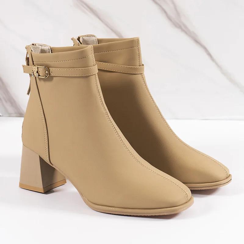 

мода Модные короткие сапоги Высококачественная женская обувь 2024 Новые французские сапоги премиум-класса Универсальные сапоги с толстым каблуком и круглым носком класса люкс 40 хаки