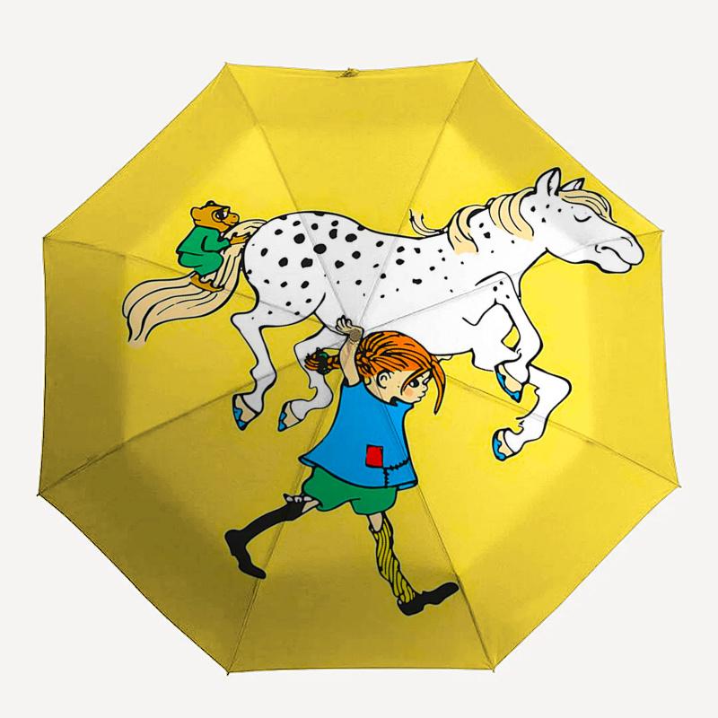 Ombrello da Viaggio a Tema Pippi Calzelunghe - 8 Stecche, Apertura e Chiusura Automatiche, Design Pieghevole Portatile, Ombrello Compatto ed Elegante Adatto