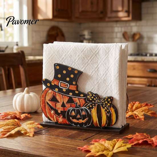 Unique Holiday Kitchen Decor Happy Halloween Wooden Napkin Holder, Cute Ghost Pumpkin Black Cat Tissue Holder for Paper Dispenser, Vertical