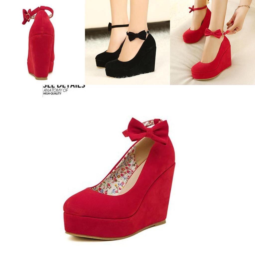 Elegant And Trendy New Fashion Women's Bow Tie Ankle Heel Platform Wedge Shoes