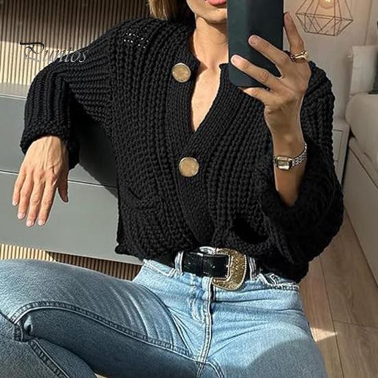 Knit Cropped Cardigan Sweater V-Neck Long Sleeve Buttons Down Loose Fit Sweater Coat with Pockets Solid Color Knitwear