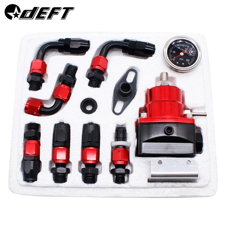 DEFT Regulador de Presión de Combustible Ajustable Universal Aceite Manómetro 100psi Conexión AN 6 Regulador de Presión de Combustible EFI Extremo-Negro Azul