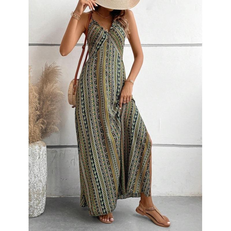 Women s Sleeveless Tribal Print Maxi Dress Empire Waist Sundress S зелёный