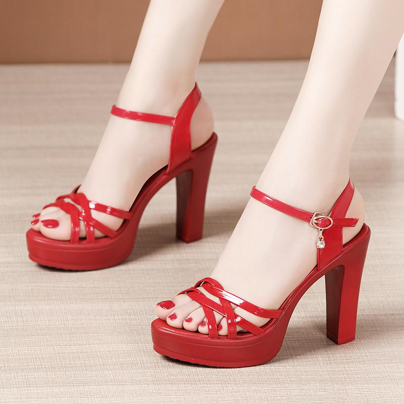 Size 32-43 Woman High Heels Sandal Ladies Summer Women Office Party Shoes Female Patent Leather Platform Heel Elegant Sandal