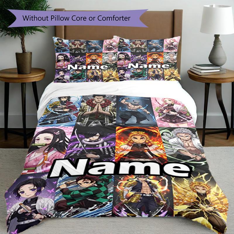 Set cuvertură de pilota 3 buc (1 * Husă de pilota + 2 * Față de pernă, Fără Miez), Set de așternut personalizat cu nume și model Demon Slayer, Cadou pentru Decorarea Dormitorului de Acasă