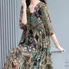 Women Midi Dress Pleated Printed Loose Hem Button Decor Patchwork Dress Up V Neck Vintage Lady Summer Dress Female Clothes