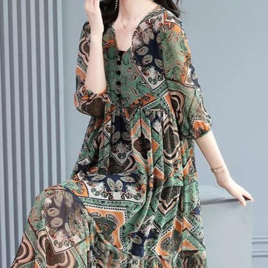 Women Midi Dress Pleated Printed Loose Hem Button Decor Patchwork Dress Up V Neck Vintage Lady Summer Dress Female Clothes