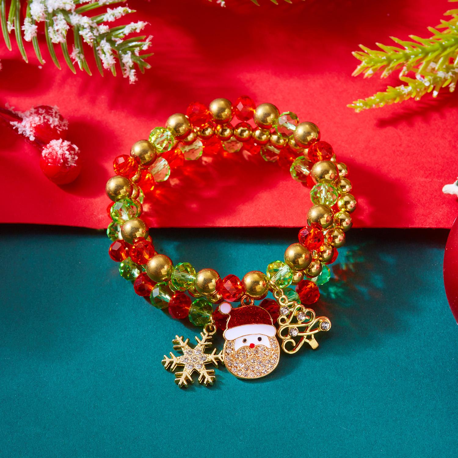 

3 Pcs Christmas Colorful Crystal Beaded Bracelet Set Crystal Zircon Santa Claus Snowflake Xmas Tree Bangle Party Jewelry Gift