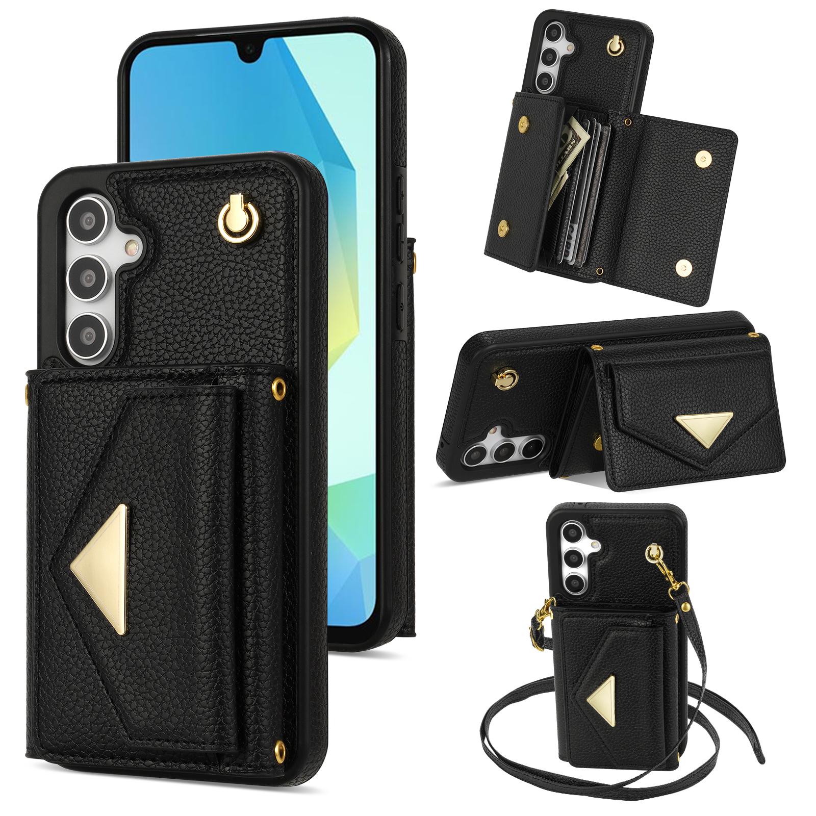

For Samsung Galaxy A16 4G/5G Case Card Slots PU+TPU Cell Phone Cover with Long Strap E