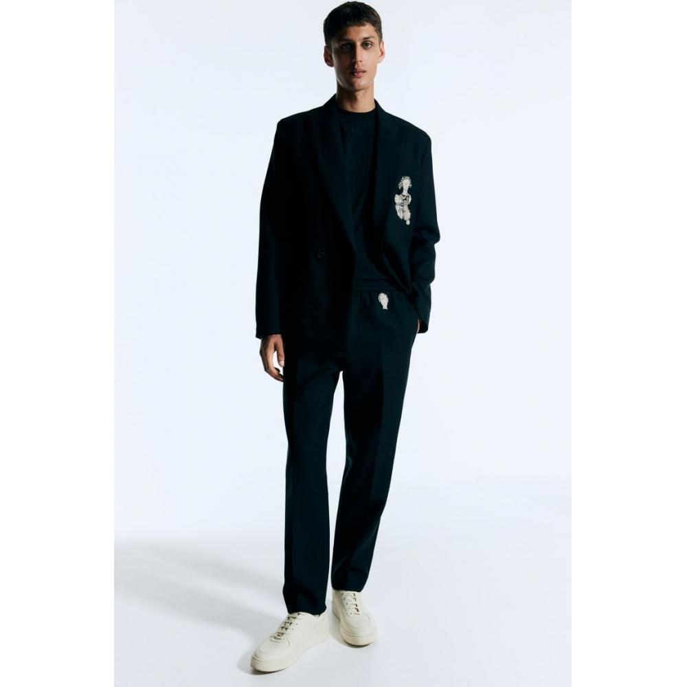 

H M eMbroidered Wool Pull On Pants Black Portrait S
