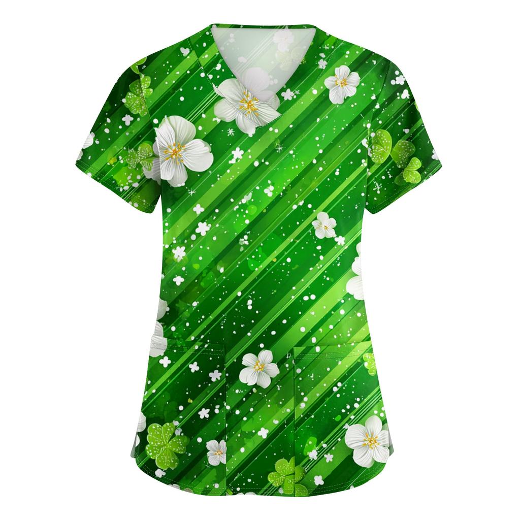 Women's V-neck St. Patrick's Day Printed Short-sleeved Pocket Side-slit Protective Suit Top