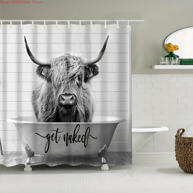 Grey Highland Cow Shower Curtain Set Get Naked Design- With Hooks Waterproof Mildew Proof Easy Install Washable