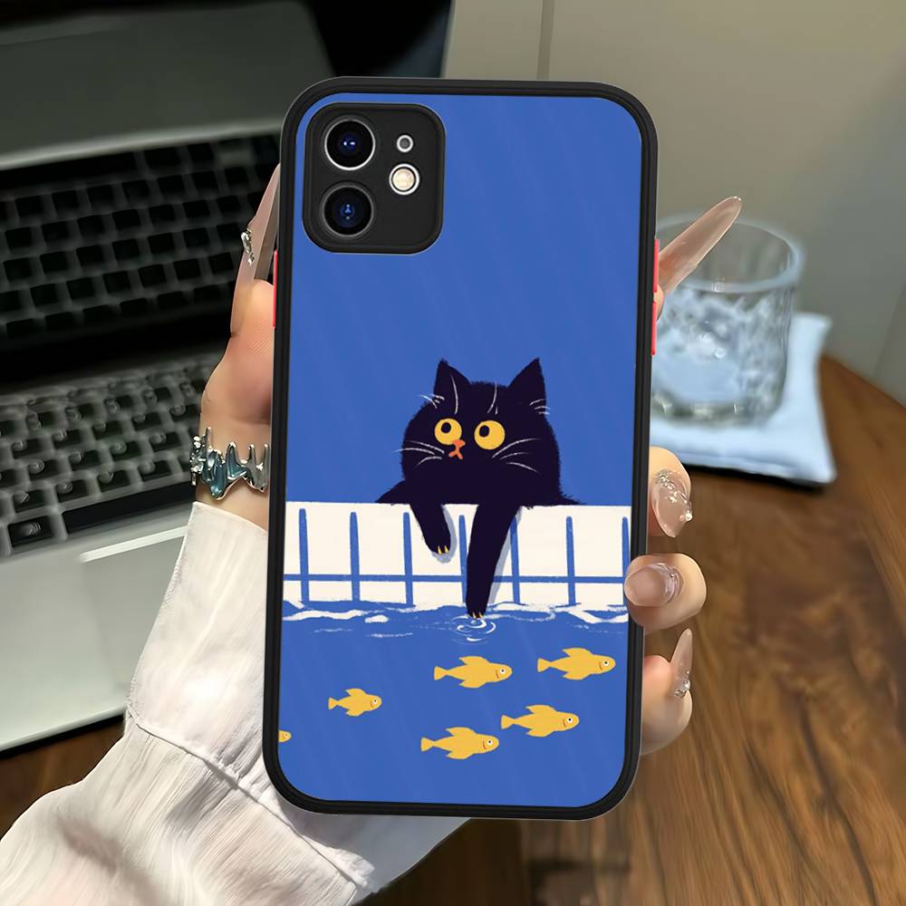A Cute Comic Cat Matte Transparent Phone Cover For IPhone Case 16 15 14 13 12 11 Pro Max X XS Max Plus