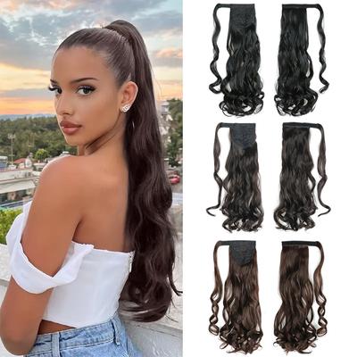 Extensões de rabo de cavalo longo ondulado 60 cm corpo ondulado enrolado em volta do cabelo rabos de cavalo cacheados clipe em apliques de cabelo sintético para mulheres