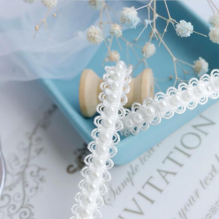 2 Yards/182cm White Black Pearl Beaded Lace Fabric Embroidered Beaded Sewing Accessories 1.2CM Wide