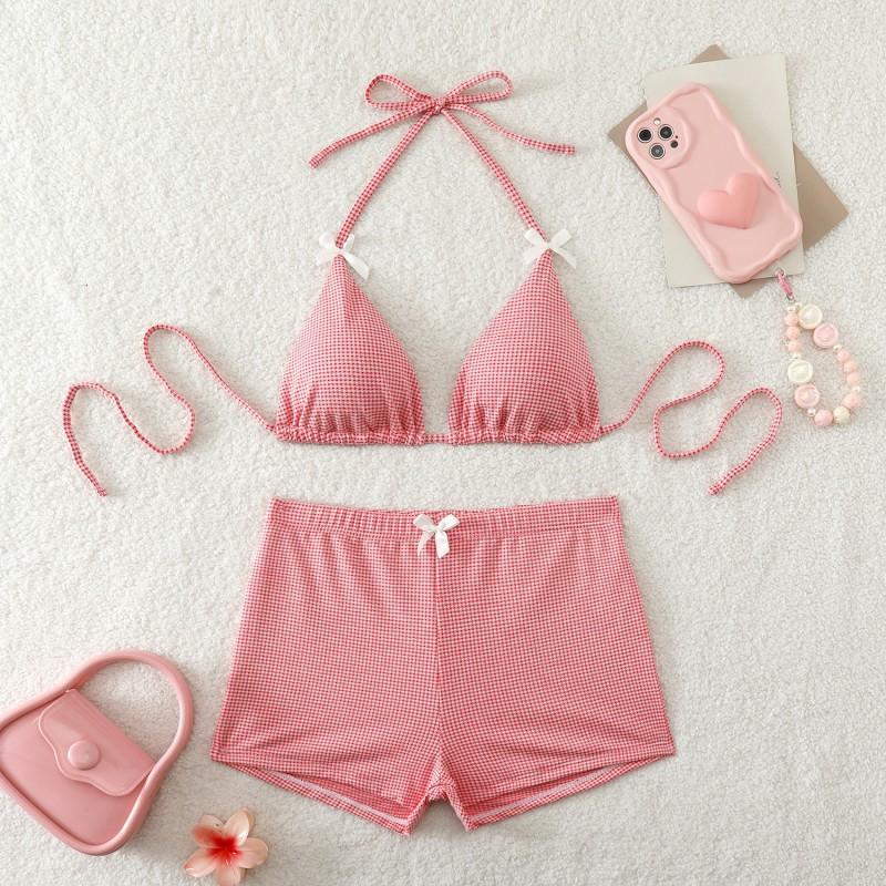 Bikini Boxer de Espalda Descubierta Deseo Puro Traje de Baño con Lazo Dividido Estampado Pequeño Fresco