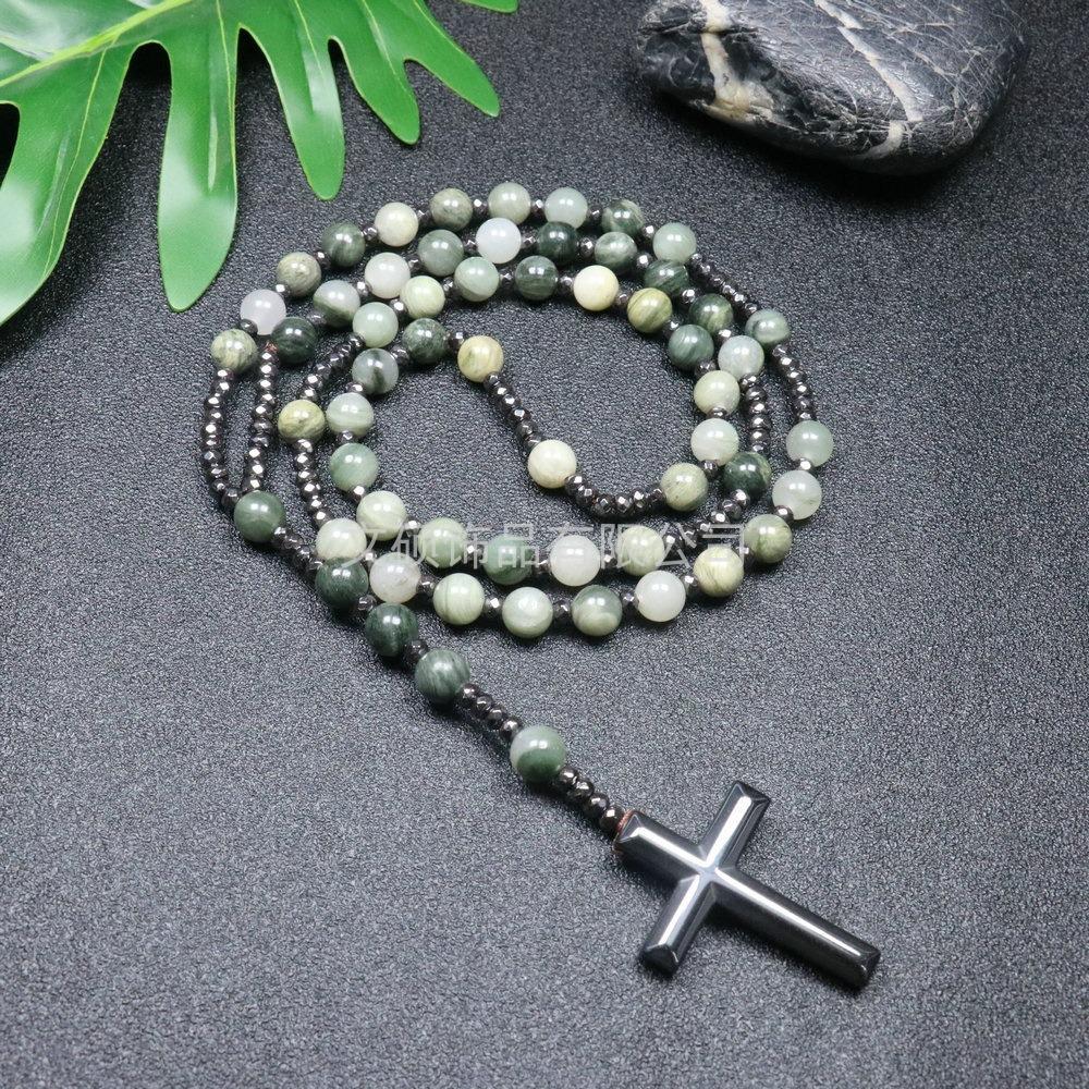 Collier pendentif croix en pierre naturelle, Croix en pierre d'œil de tigre et fer à bille chapelet collier pour homme