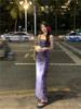 French Purple Floral Spaghetti Strap Dress - Women's Summer 2024 Waist-Hugging Long Tea Dress