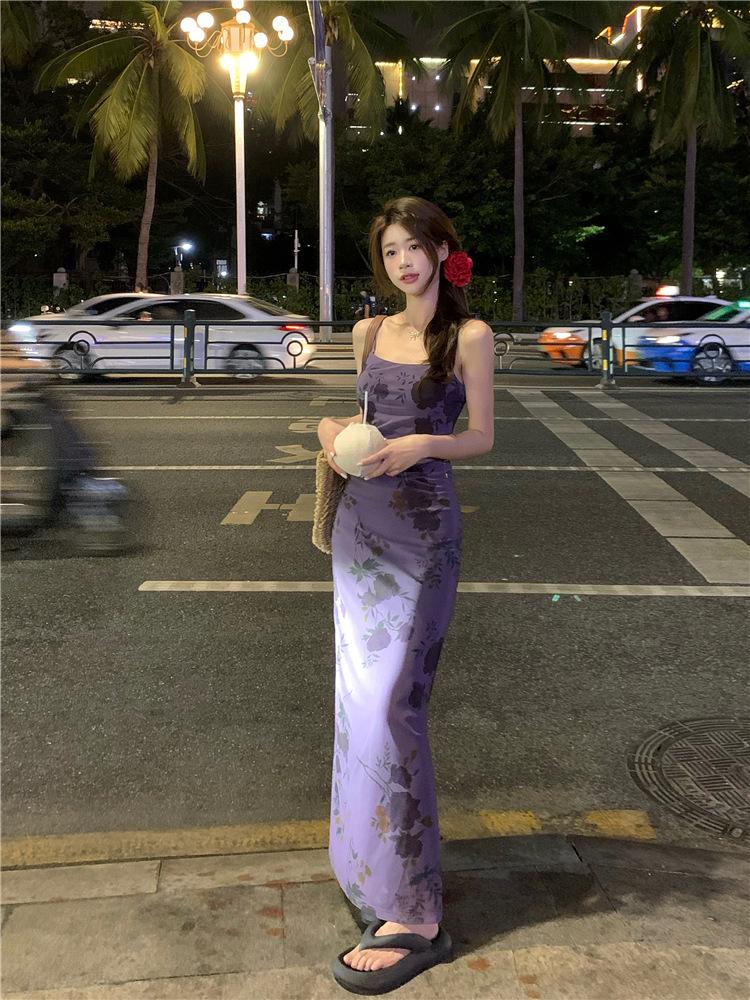 French Purple Floral Spaghetti Strap Dress - Women's Summer 2024 Waist-Hugging Long Tea Dress