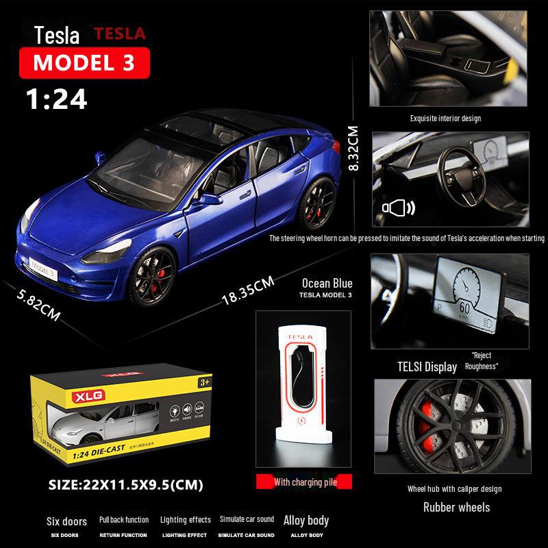 1:24 Tesla Model 3 Alloy Toy Car with Sound, Light, and Openable Doors