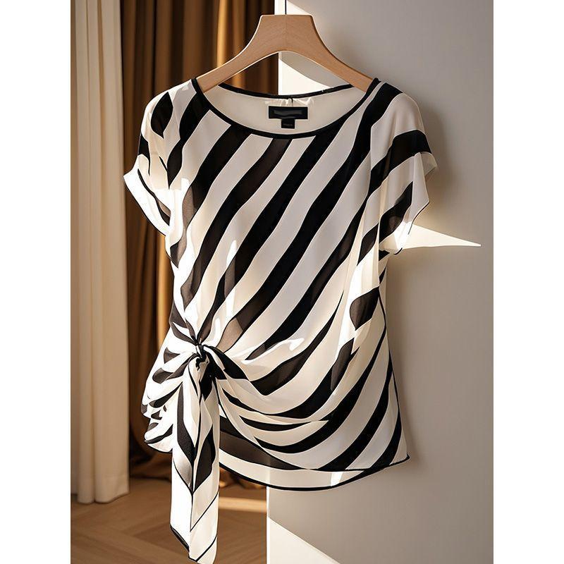 Новый летний стиль, трендовая шикарная маленькая рубашка высокого класса для женщин, темпераментная, модная, зрелая, французская нишевая, черно-белая полосатая майка L зелёный