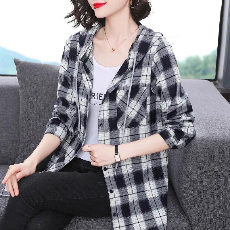 Košile Dámská bavlněná kostkovaná košile s kapucí s dlouhým rukávem Top Volné Peplum Běžné Košile s dlouhým rukávem