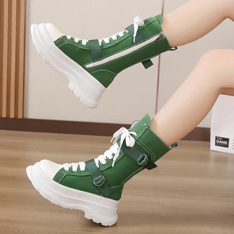 Scarpe Donna in Tela Arancione con Plateau Spesso Autunnali Stivaletti alla Caviglia Stringati Design Y2K Stivali da Motociclista da Donna