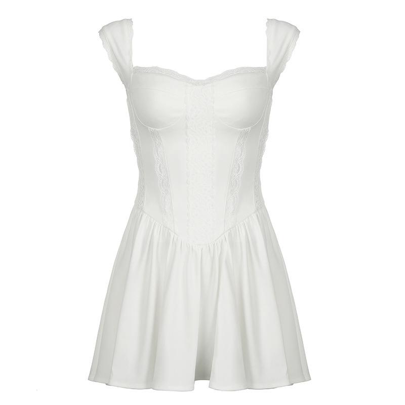 Women's Dress French Pure Desire Spice Girl Style Lace Patchwork Slip Dress Summer Ballet Girl White Waist Drop Dress