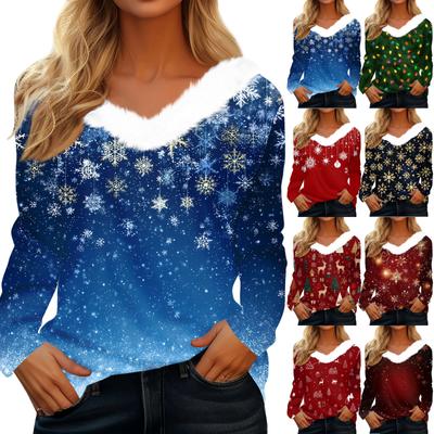 Women's T Shirt Tee Christmas Print Shirt Long Sleeve Party Christmas Fleece Collar V Neck  Top