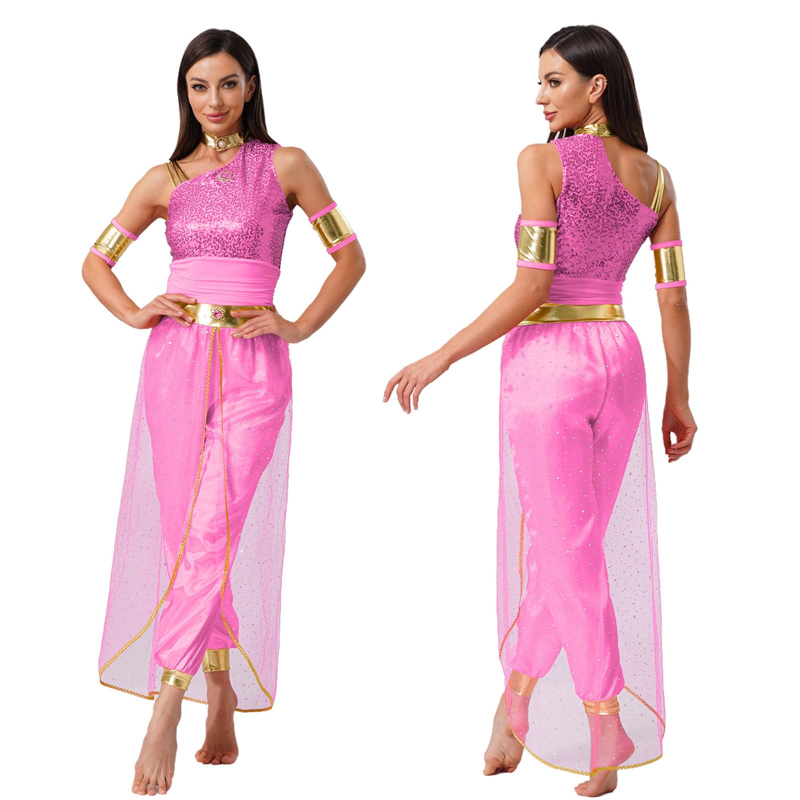 

Women‘s Arab Princess Belly Dance Jumpsuit with Gem Decor & Shiny Tulle for Halloween Cosplay Party S горячий розовый