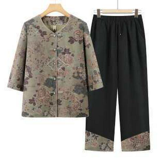 

Grandma s Summer Two-Piece Set: Lightweight, Mid-Sleeve Outfit for Middle-Aged and Elderly Women 3XL