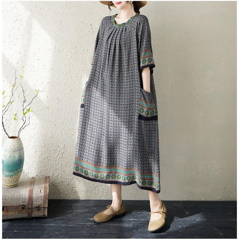 DIMANAF Nuevo 2026 Mujer Tallas Grandes Verano Playa Dama Estampado Vintage Vestido Largo Holgado Oversize Maxi Vestido de Sol Ropa