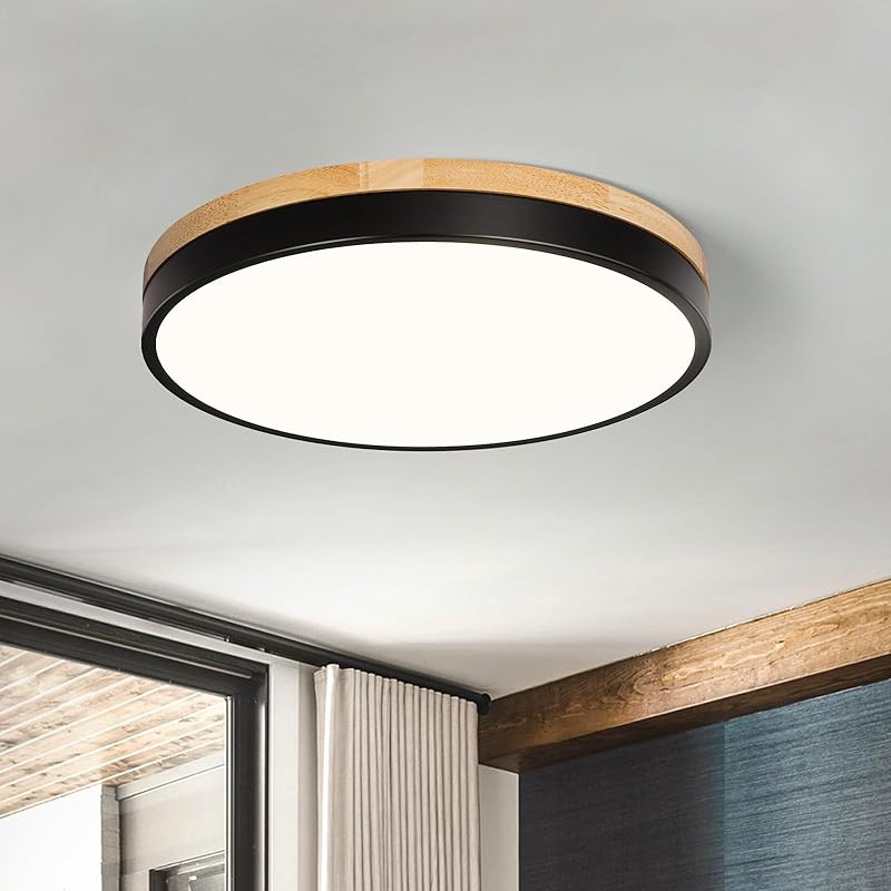 Modern Wood Ceiling Light,Round LED Flush Mount Ceiling Light,Minimalist Ceiling Lamp Black Ceiling Lighting Fixtures for Kitchen Bedroom Laundry 11.81 Inch