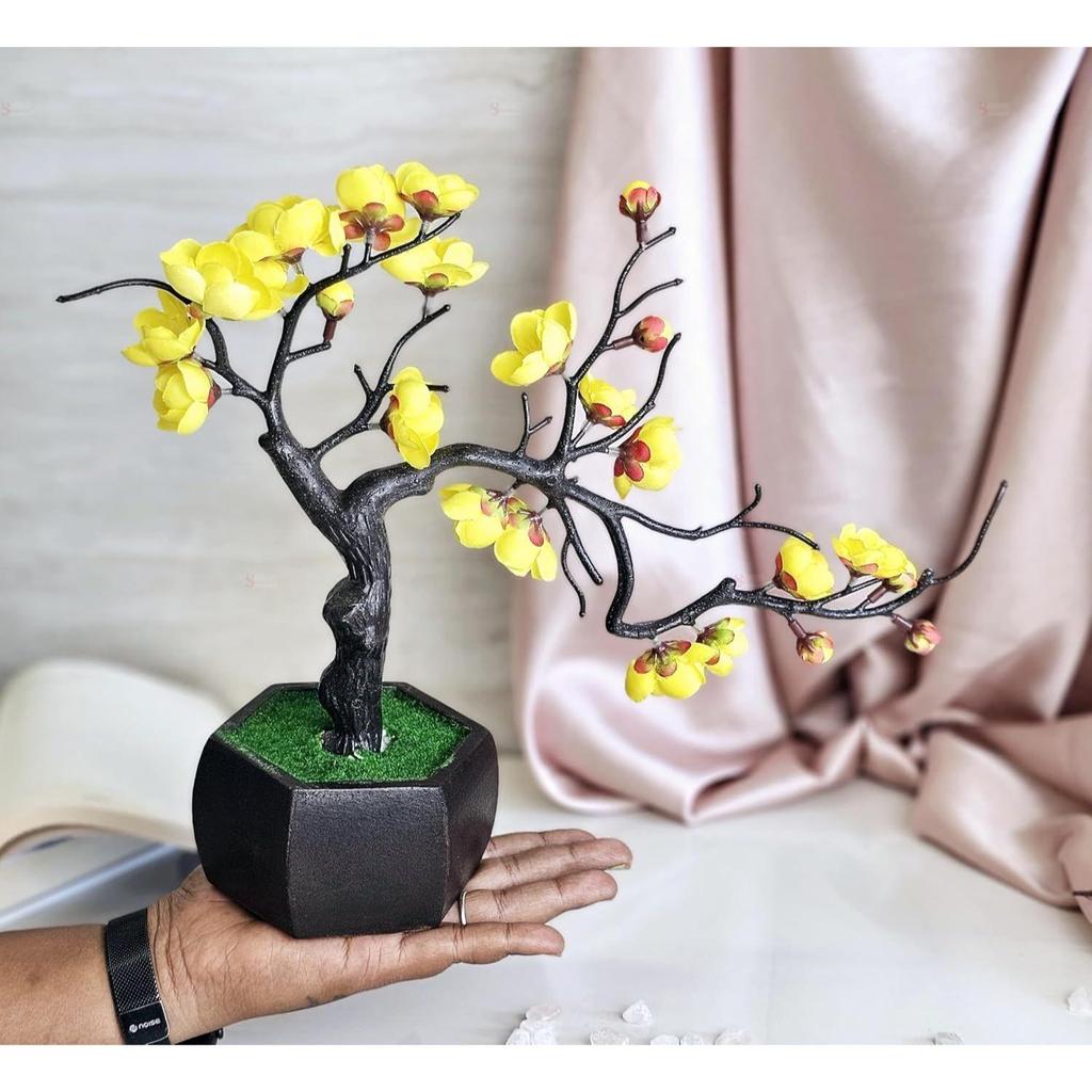 Artificial Cherry Blossom Bonsai Flower with Wooden Pot for Home Decor, Living Room, Center Table, Indoor  (Yellow)