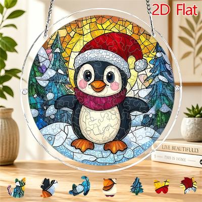 2D Flat Acrylic Puzzle Sun Catcher, Christmas Penguin Theme Sun Catcher Puzzle, Home Garden Decoration, Suitable for Christmas, Thanksgiving, Valentin