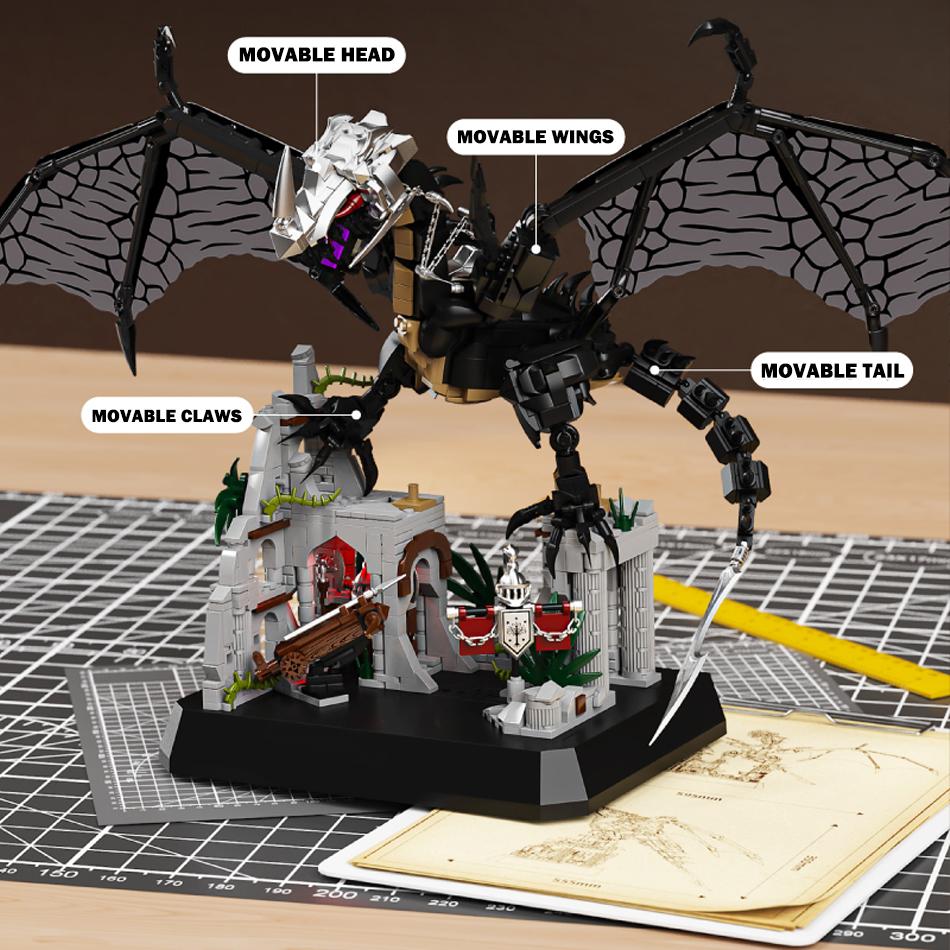 MOC Evil Dragon Beast Castle Ruins Scene Building Blocks Magic Animal Rings Dragon with Soft Wings Bricks Toys Kids Adults Gifts