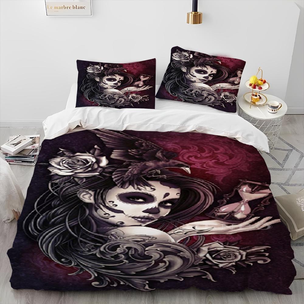 3D Horror Gothic Female Skull Dead Girl Comforter Bedding Set,Duvet Cover Bed Set Quilt Cover Pillowcase,Queen Size Bedding Set