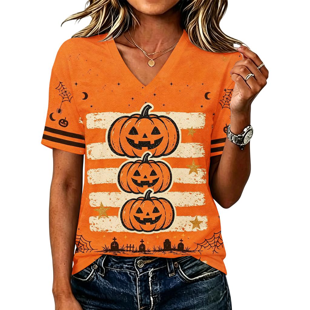 Women's Casual V-Neck Loose Fit Halloween Printed T-Shirt