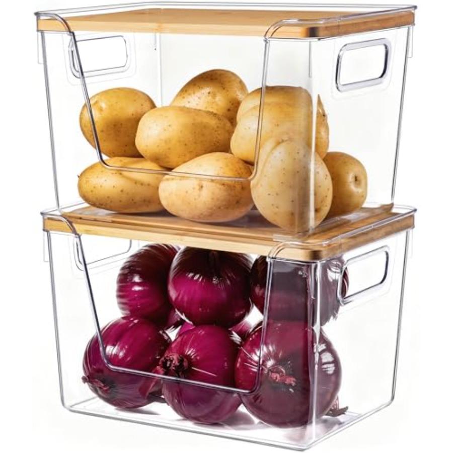 

2 Set Pantry Organizers with Bamboo Lids Stackable Clear Bins for Potato Fruit Vegetable Storage Kitchen and Under Sink Organiz United States
