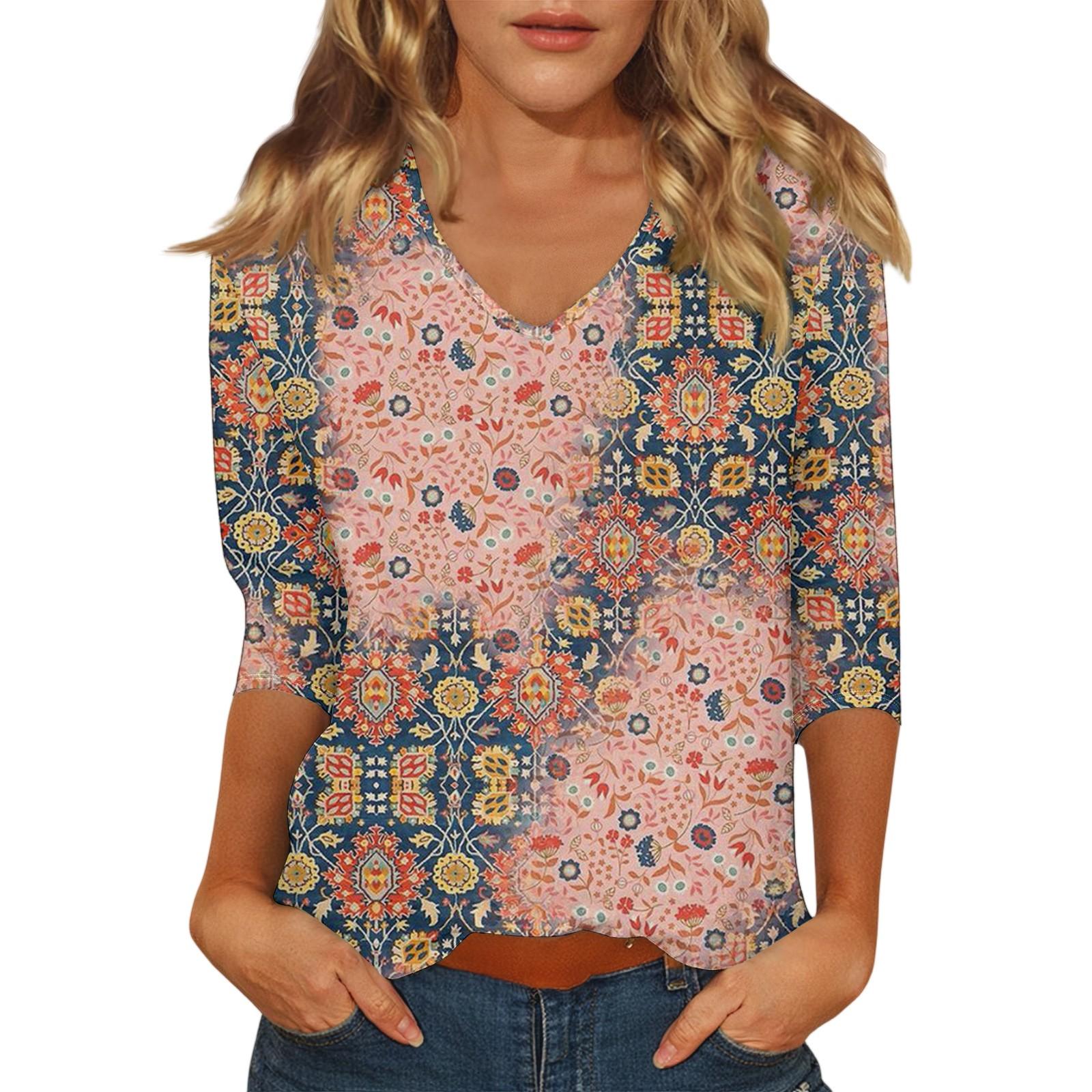 

Женский повседневный модный сексуальный удобный топ с V-образным вырезом и цветочным принтом, с рукавом семь восьмых XXL розовый