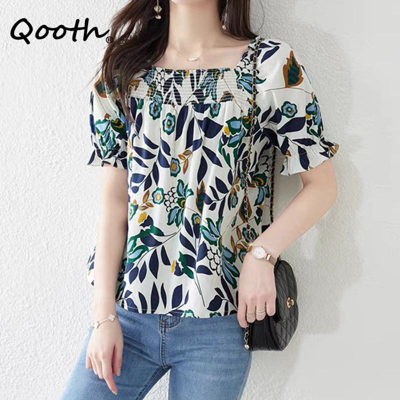 

Qooth Women S-3XL Size Square Neck Floral Printed Shirt Temperament Fashion Short For Summer QT2174 XXXL