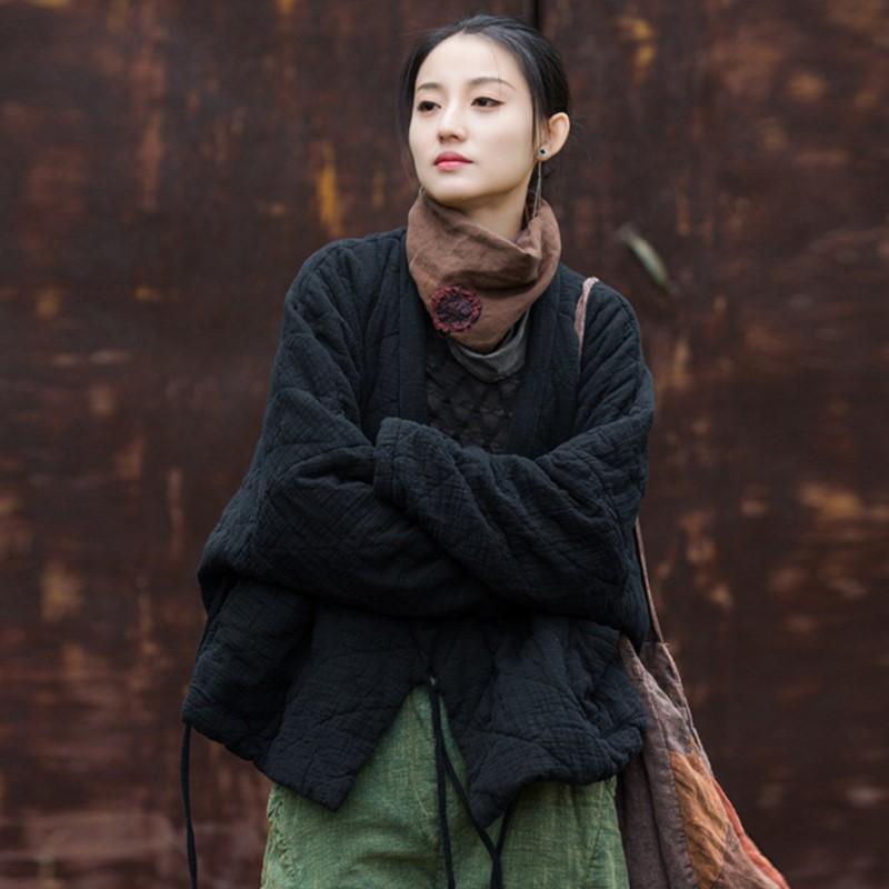 Johnature Winter Chinese Style Women Bandage Long Sleeve Loose Pockets Vintage Coats
