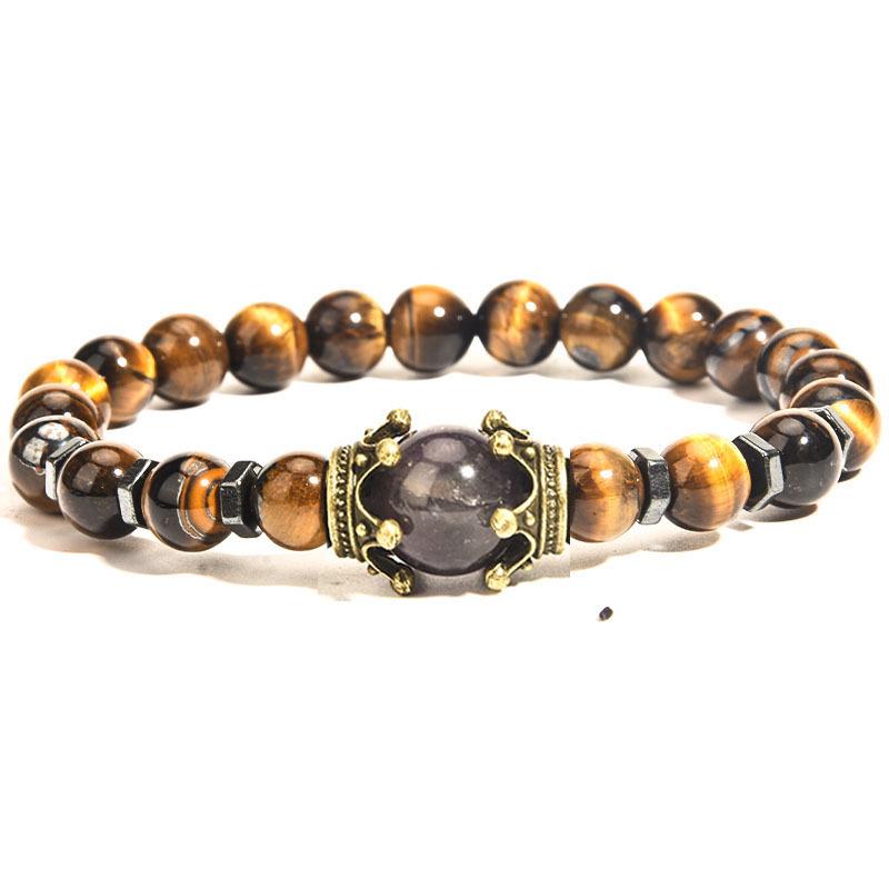 Introducing: Elegant Tiger Eye Stone Big Crown Bracelet with Agate Frosted Beads - European and American Fashion Statement Jewelry.